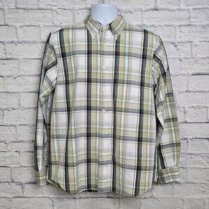 🌼Eddie Bauer Shirt Men Medium Long Sleeve Button Down Plaid White Green Gray